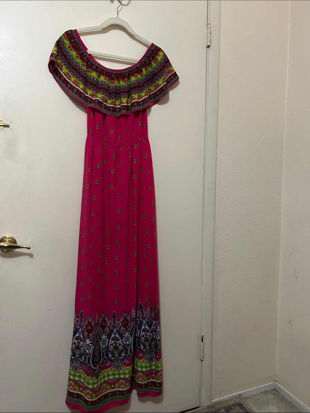 Flying Tomato Hot Pink Off-Shoulder Maxi Dress with Multicolor Border